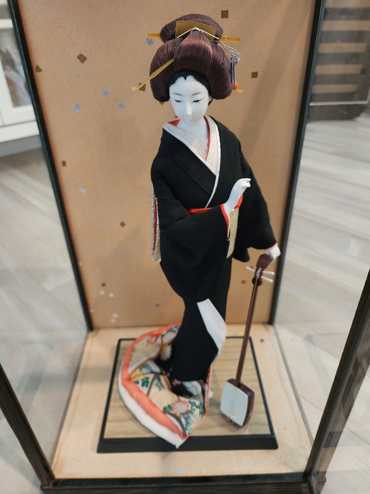 Vintage Japanese Large Geisha Doll w/Shamisen in Glass Case, 17.5 in. 