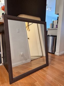 🪞 Decorative Wall Mirror 35 x 39 inch, Dark Wood Grain Frame
