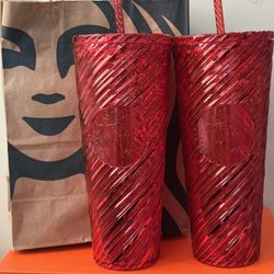 Starbucks Red Swirl Christmas 2024 Collection Cold Cup 24 oz Venti Size New 100% 💯 Collection Diícontinued $30 Per Each ( $50 For Both ) 