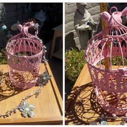 CUTE PINK METAL DECORATIVE BIRDCAGE WITH PEARL AND FLOWERS 