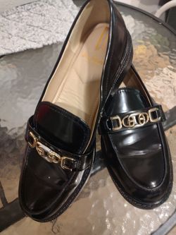 Sam Edelman Black Patent Leather Loafers with Gold Chain Detail