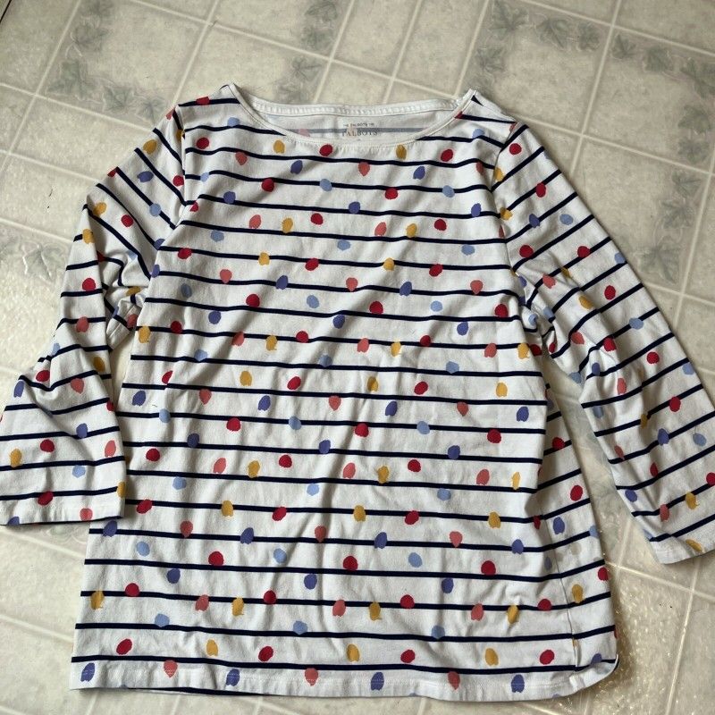 White Knit Top with Stripes and Polka