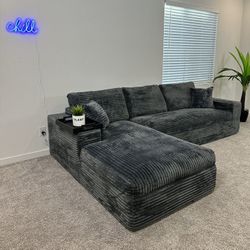 Modern Charcoal Grey Corduroy Sectional Sofa Couch