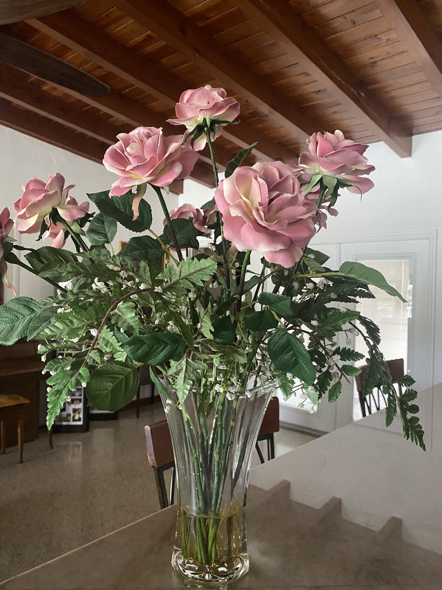 Pink Roses, Artificial Flowers In Vase With Faux Water