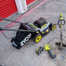 Fullsize 40 V Ryobi Mower And Weed eater W Batteries 