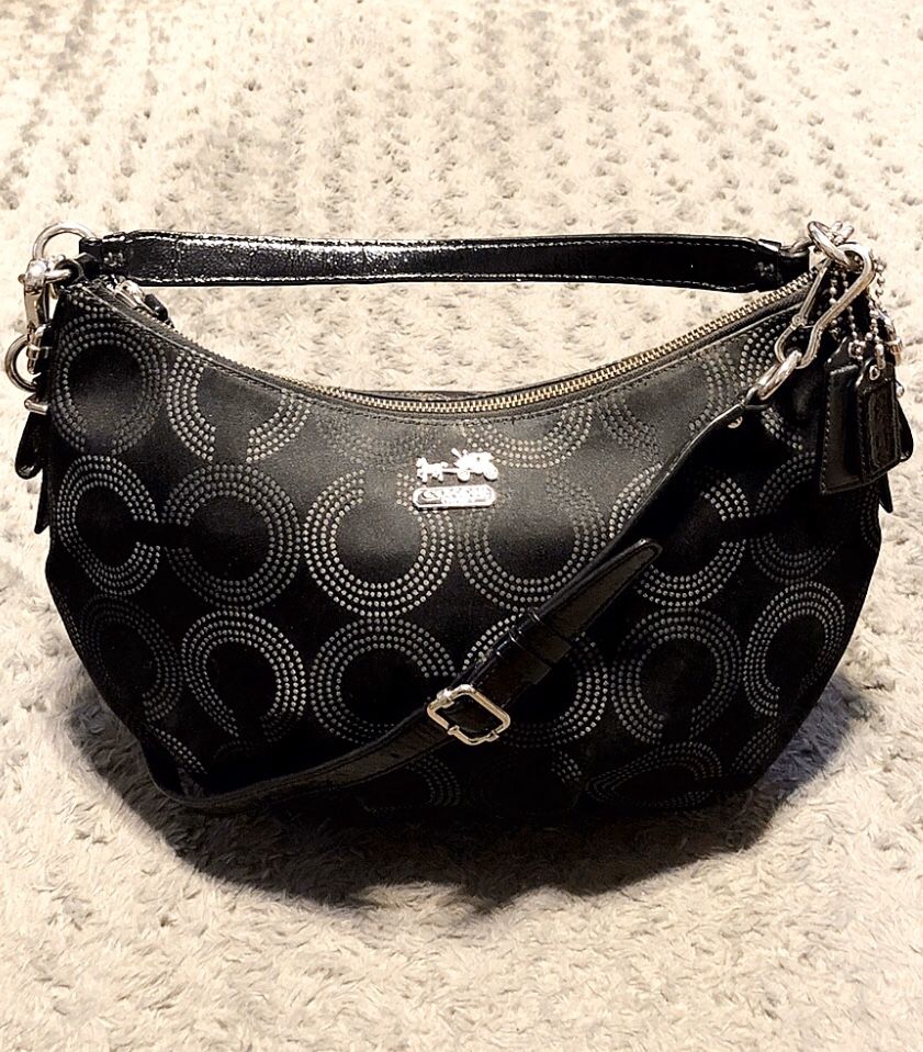 Coach Madison Dotted Op Art Hobo paid $298 Like New! No signs of weather. 100% Authentic. Excellent condition! Black Satin material with C print desi