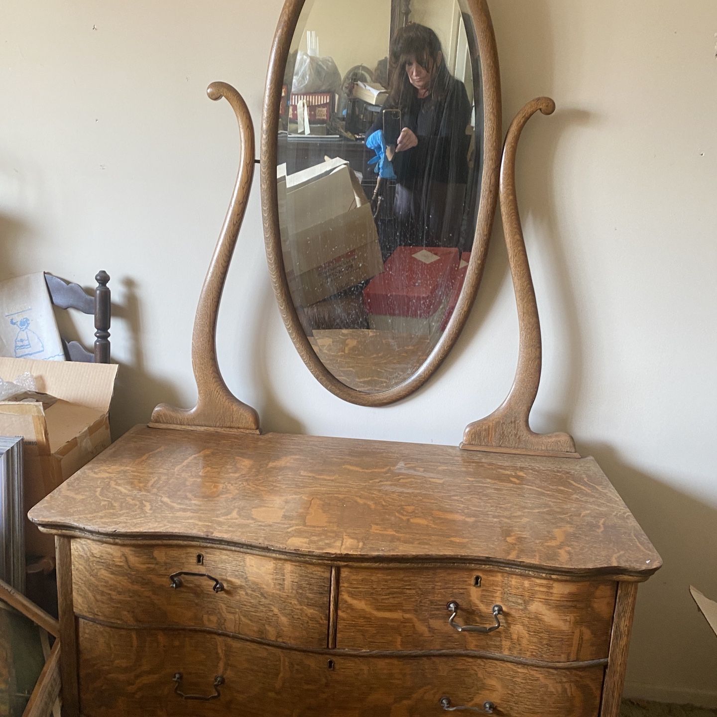 Antique Reverse Serpentine Dresser With Large Mirror 