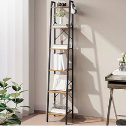 Hzuaneri Ladder Shelf, Bookshelf Bookcase, Freestanding Corner Storage Shelve with 2 Hooks for Home Office, Living Room, Kitchen, Bedroom, Industrial,