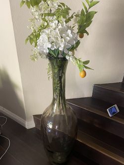 Tall Glass Vase With Fake Flowers