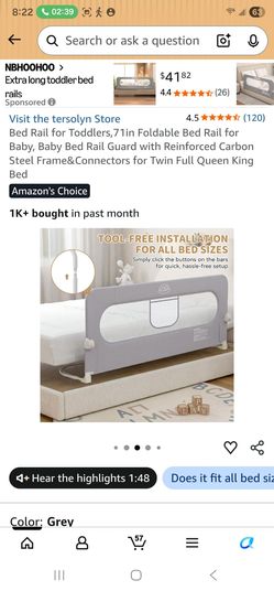 Toddler Bed Rail Guard 71in Foldable Grey