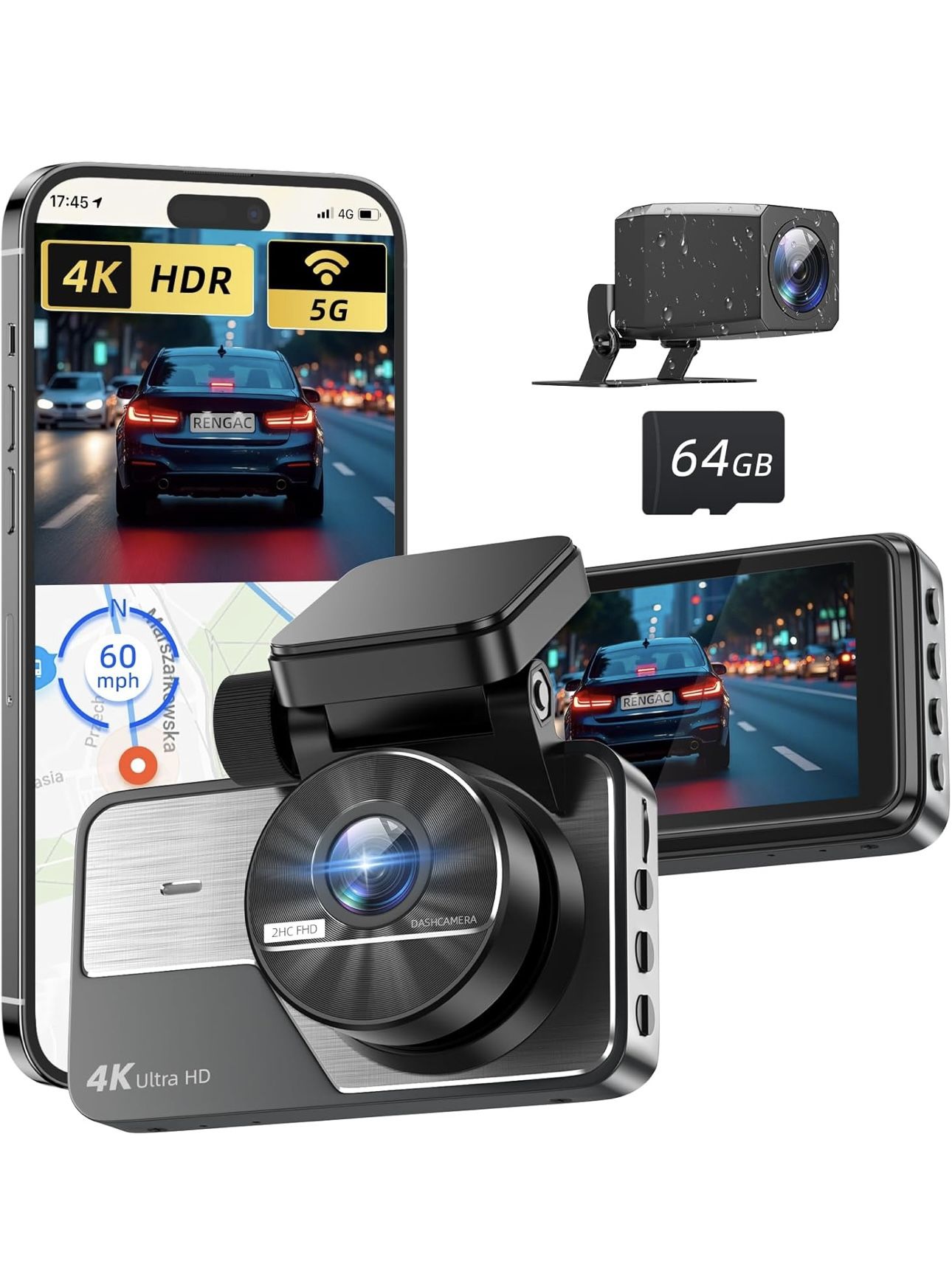 Dash Cam Front and Rear: 4K+2K Full HD Dual Dash Camera for Cars, Built-in 5G WiFi with 64GB Caad, GPS, Car Camera with 3" IPS Screen, UHD 2160P Night