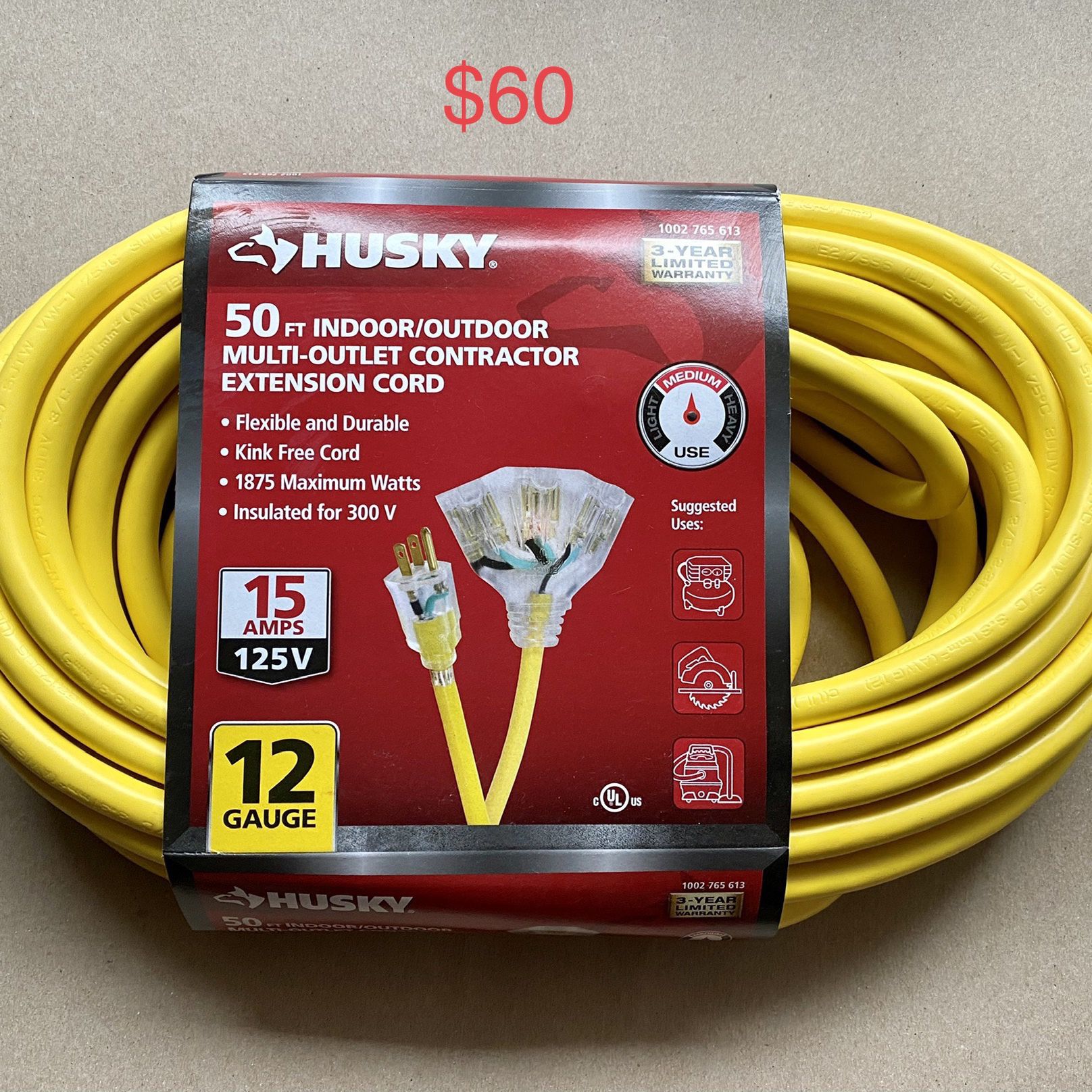 HUSKY 50 FT INDOOR / OUTDOOR MULTI-OUTLET CONTRACTOR EXTENSION CORD for  Sale in Tucker, GA - OfferUp