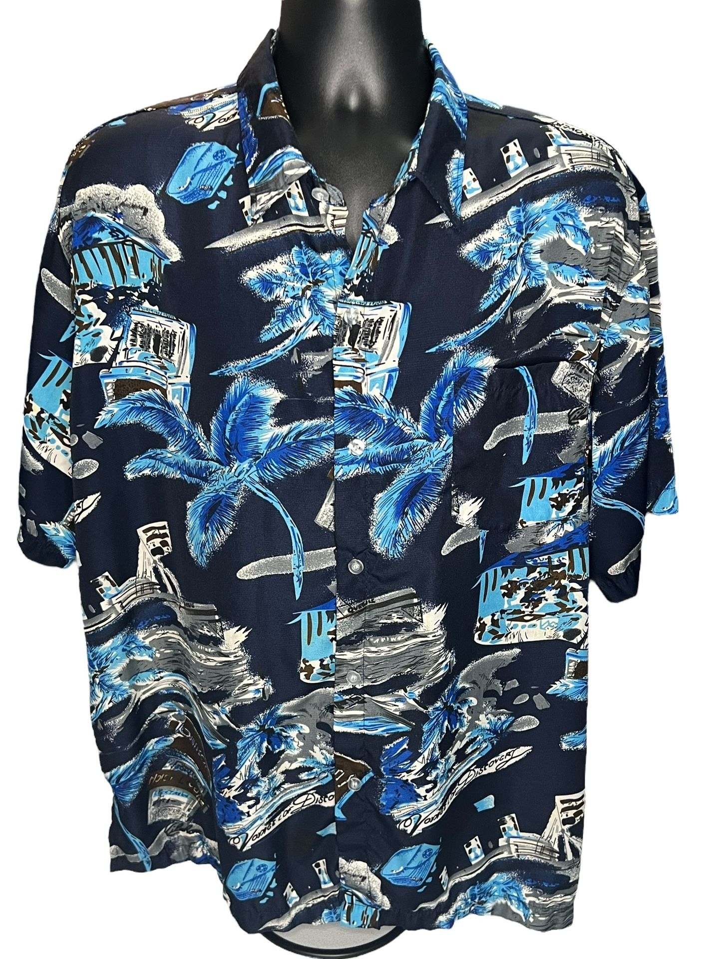 HanTon Men’s Hawaiian Shirt 2XL Blue Palm Tree Island Print Aloha Summer Vacation Top