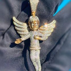 10k solid 2 tone gold 1.5CTW Natural Diamond Iced out Angel with Wings  Charm Pendant
