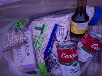 4 packages dry beens and 2 cans Campbell's soup