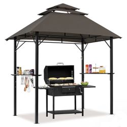 8x5' Grill Gazebo, 3-Tier Outdoor BBQ Gazebo with Height-Adjustable Shelves & 10 S-Shaped Hooks & Built-in Bottle Opener, Brown