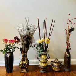 Set of 5 Ornate Gold & Black Decorative Vases with Faux Florals | Eclectic Glam Home Decor