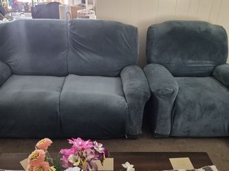 Blue-Gray Microfiber Sofa and Recliner Set