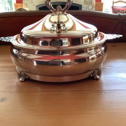 SILVER PLATE ROUND CHAFING/SERVING DISH FOR 9” GLASS BOWL INSERT. EXCELLENT