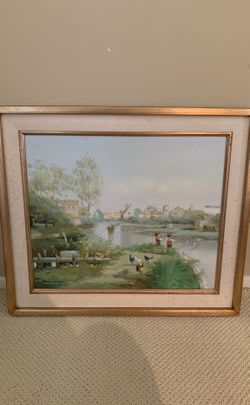 Oil painting two small boys at a pond