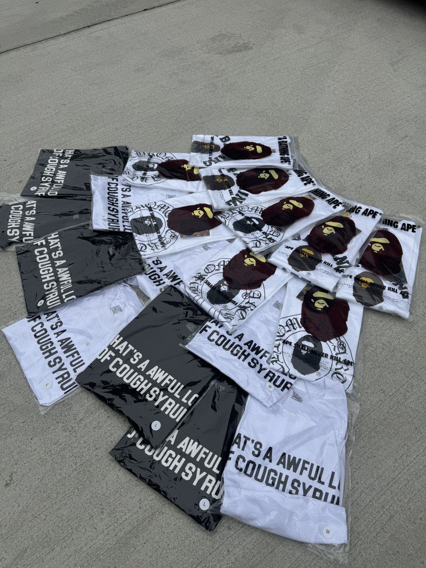 Bape , chrome hearts, awful lot of cough syrup t shirts