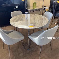 5-pc Dining Set White Faux Marble Table Top & Grey Fabric Upholstered Chairs