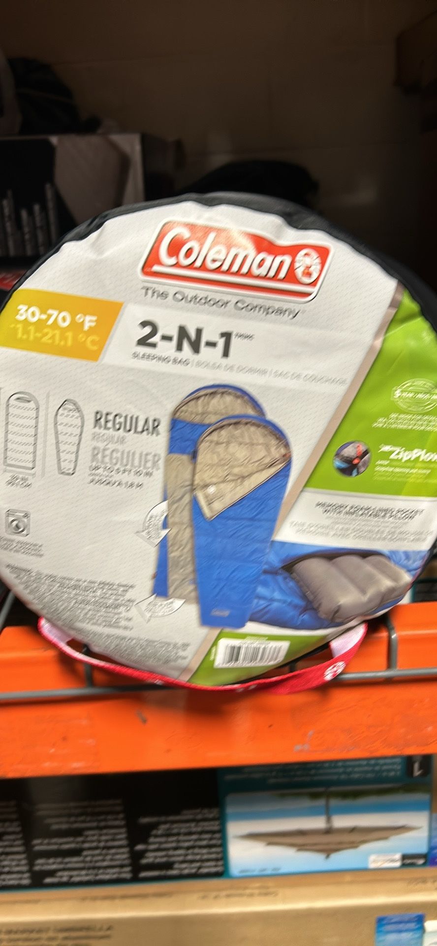 Coleman 2-N-1 30* Zip Plow Sleeping Bag Blue w/Inflatable Pillow 84"x39" M70A