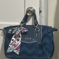 Coach Ashley Gathered Sateen Satchel Ocean Blue Color Tote Bag
