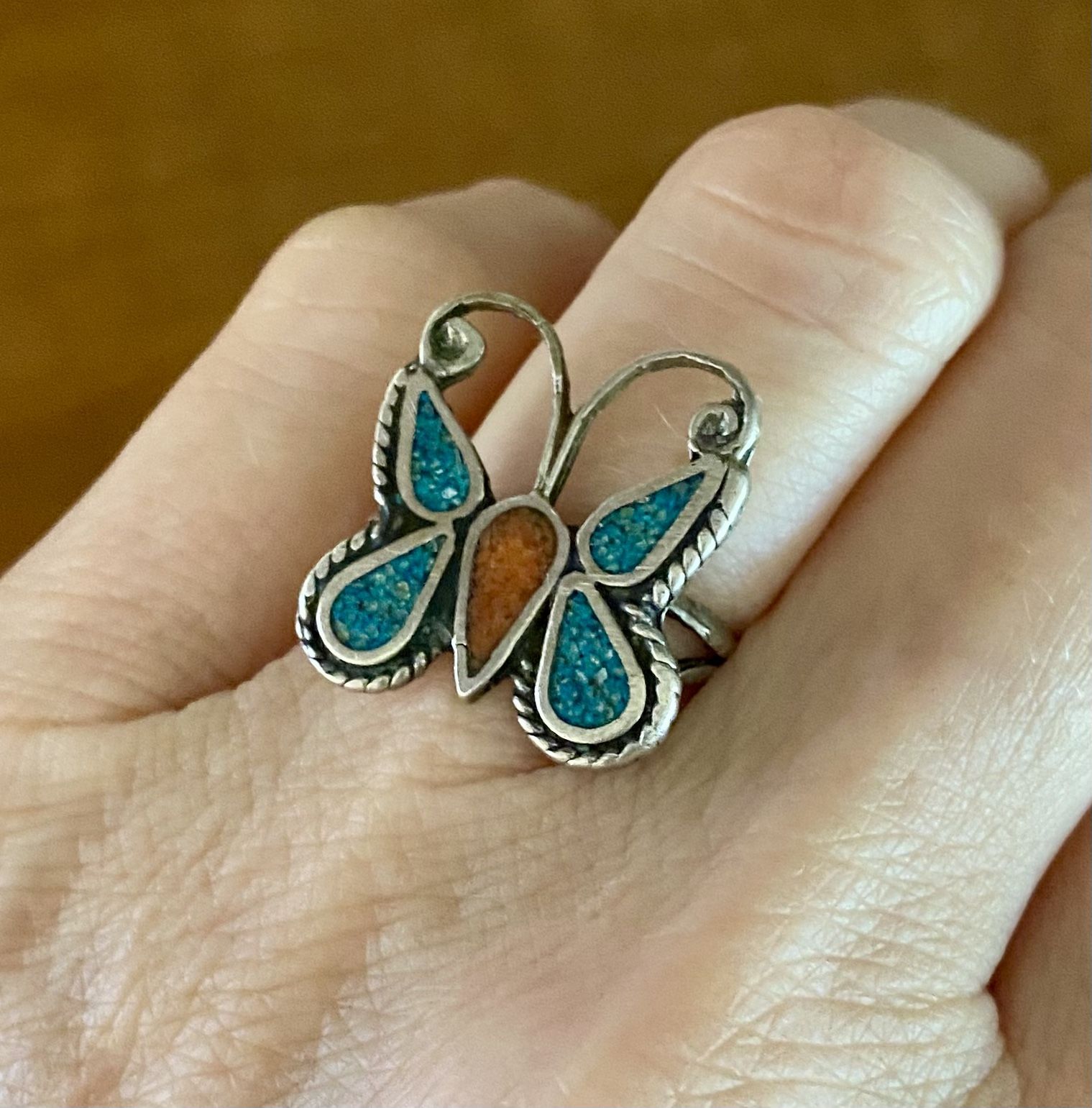 Vintage Sterling Silver Turquoise & Coral Inlay Butterfly Ring Size 6.5