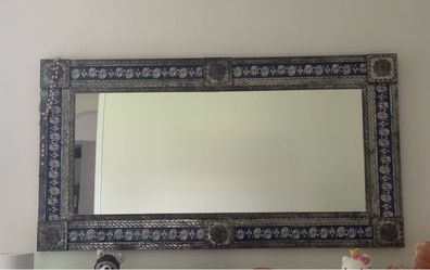 Large Embossed Metal and Blue Tile Wall Mirror, Vintage
