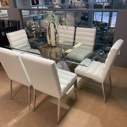 White and Natural Tone Dining Room Set / 7pc