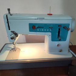Vintage Singer Model 347 Sewing Machine w/ Pedal; Light Blue Color and white