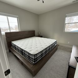 Modern Rustic King Bedframe w/ 2 Storage Drawers - Brown Dark Wood 