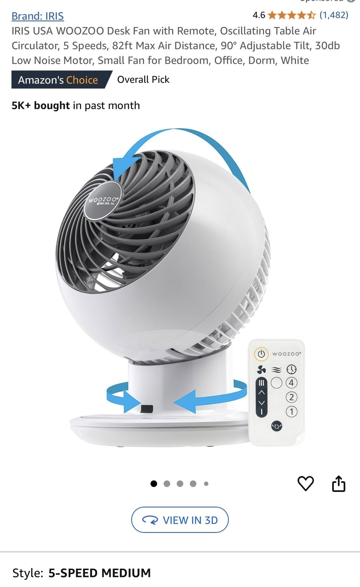WOOZOO DESK FAN (5-speeds)