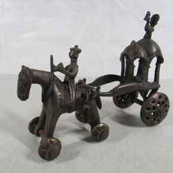 Antique Brass Bronze Tone Indian Hindu Temple Chariot Horse & Cart
