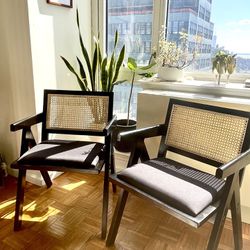 Rattan Dining Chairs Set of 2, Upholstered Dining Chairs with Armrest and Cane Backrest