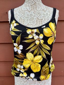 White Stag Tropical Floral Tankini Top in Black Yellow Summer Casual Y2K