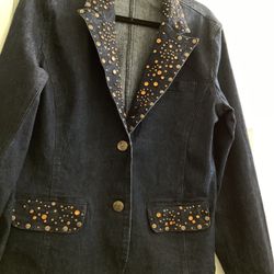 Women’s Vintage  Diane Gilman DG2 Blue Denim Jacket Blazer Size M Embellished Studs