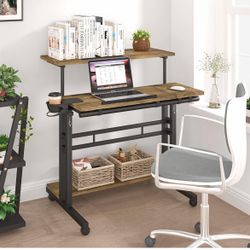 Mobile Standing Desk, Adjustable Rolling Computer Desk with 3 Desktops, Portable Laptop Table with Cup Holder, Home Office Laptop Workstation on Locka