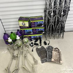 Halloween Decor Lot – Fog Machines, Fog Juice, Skeleton Fence, Skulls & Tombstones