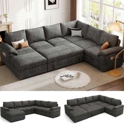 108 Inch Sectional Sleeper Sofa with Pull Out Bed, U Shaped 7 Seat Modular Sectional Sofa with Storage, Sectional Couches for Living Room, C