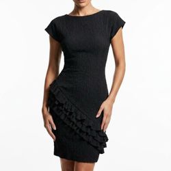Glenrob Vintage Goth Crinkle Bodycon Dress Scoop Back Ruffle Asymmetric S/M