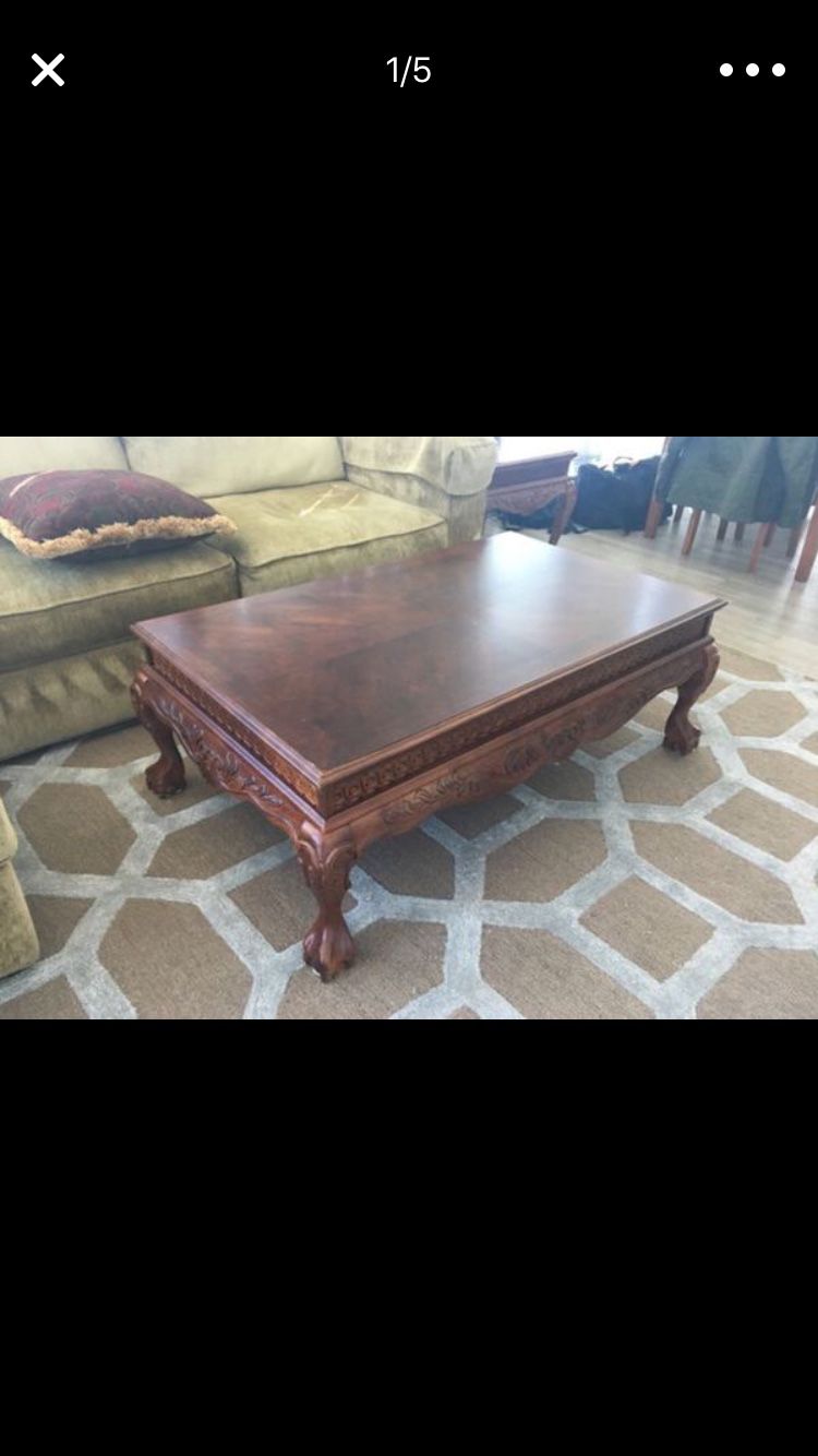 Beautiful engraved COFFEE TABLE WITH MATCHING END TABLES