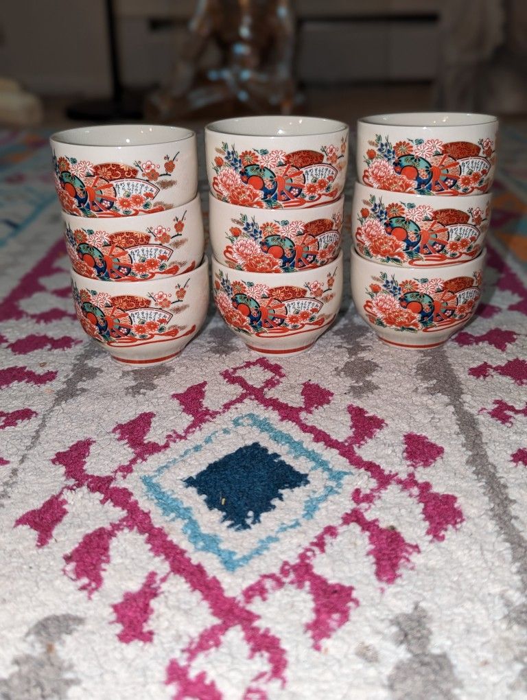 Japanese Pottery Tea Cup Yunomi Signed Kutani Ware Sencha Set Of 9 Vintage