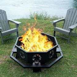 45 inch Extra Large Fire Pit, Outdoor Wood Burning Fire Pit for Outside Octagonal Heavy Duty Firepit for Camping, Backyard, Patio, Black