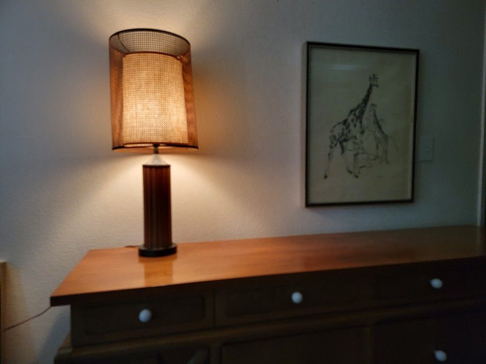 Mid Century 60's Danish Teak Gruvwood Lamp W Woven Cane Shade