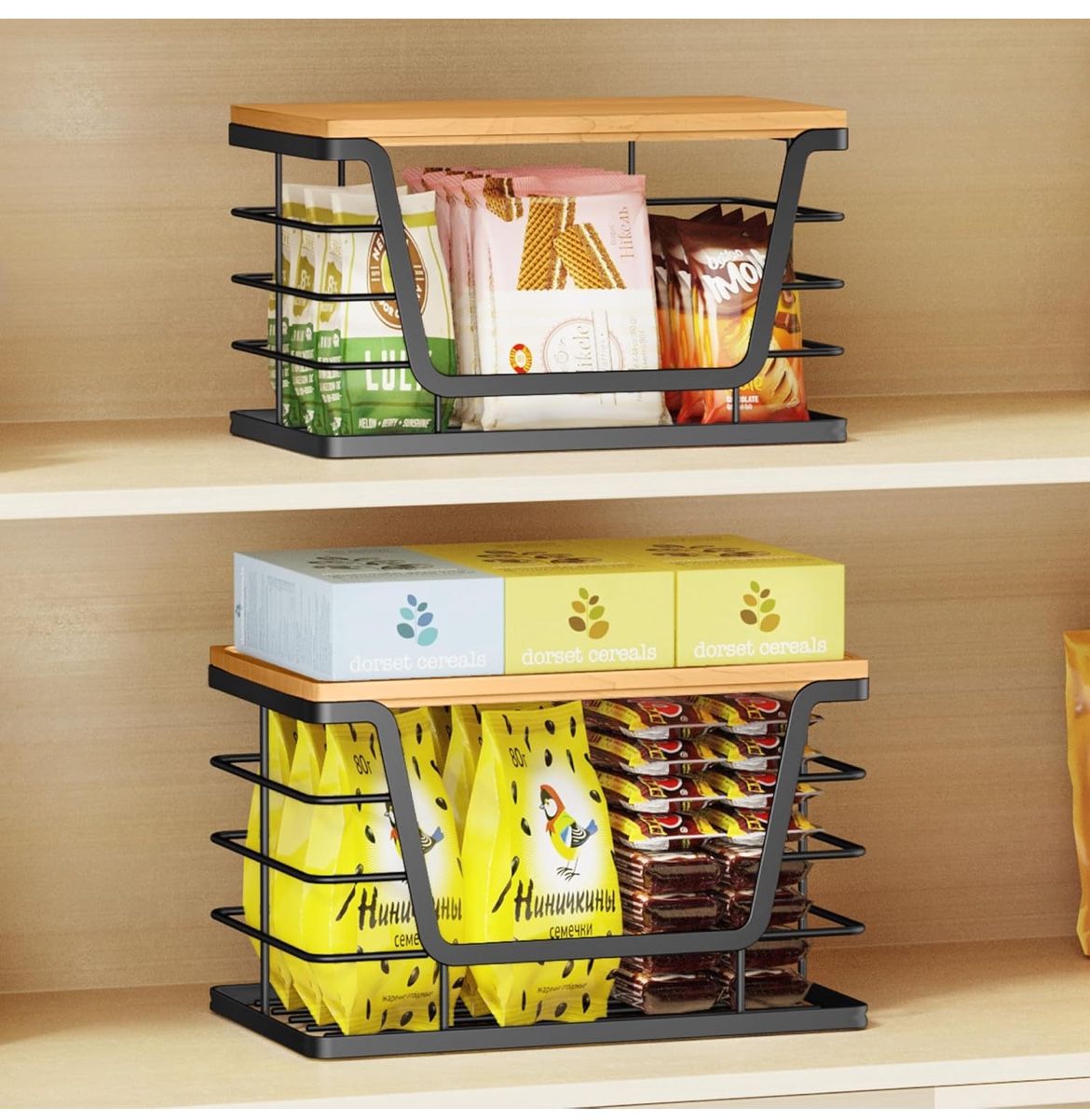 2 Pack Storage Stackable Kitchen Laundry Organizers with Bamboo Top, Large Trash Bag Holder and Small Garbage Bag Dispenser for Countertop Organizatio