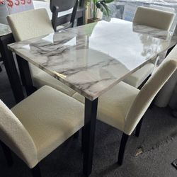 Brand New White Faux Marble Dining Table + 4 White Fluffy Linen Chairs (Table: 43" x 28" x 30” H; Chair: 17" x 22" x 35"H)