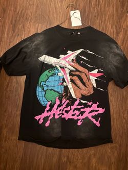 Black Graphic T-Shirt Globe Airplane Design