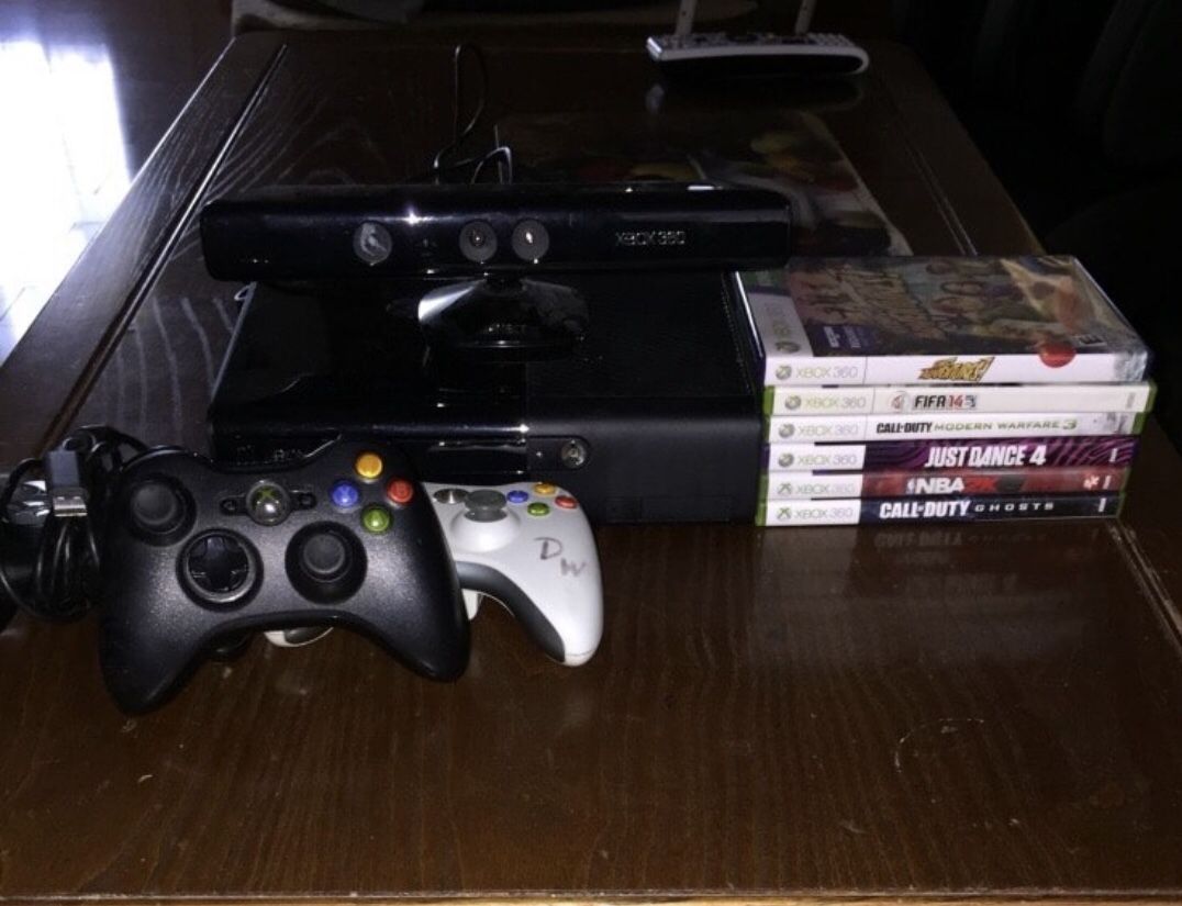 Xbox 360 with Kinect, 3 controllers, and 6 games